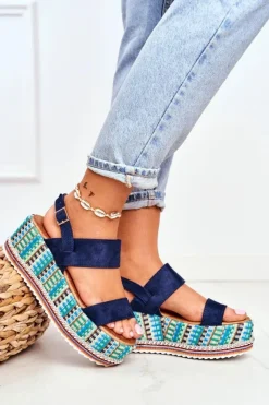 Sandałki Damskie Na Koturnie espadrylu granatowe Sandy Damskie Sandały Na Koturnie