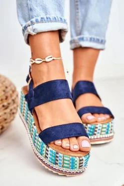 Sandałki Damskie Na Koturnie espadrylu granatowe Sandy Damskie Sandały Na Koturnie