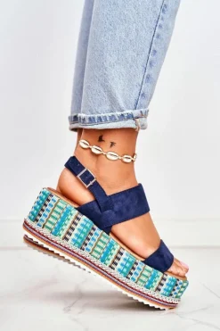 Sandałki Damskie Na Koturnie espadrylu granatowe Sandy Damskie Sandały Na Koturnie