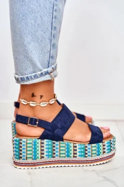 Sandałki Damskie Na Koturnie espadrylu granatowe Sandy Damskie Sandały Na Koturnie