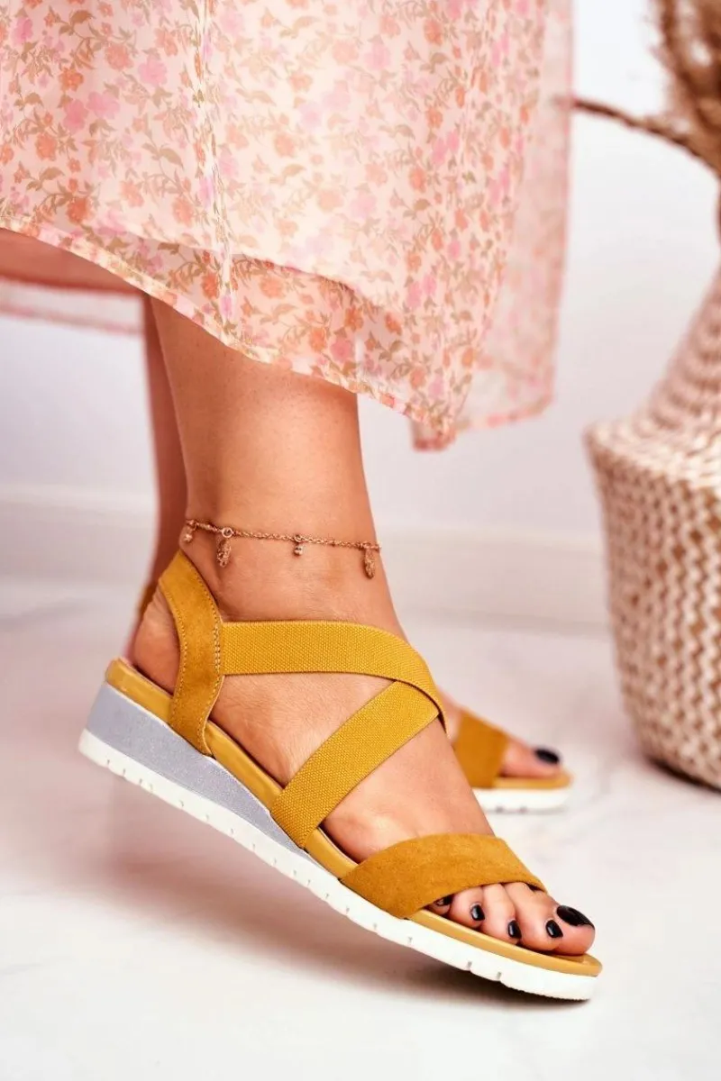 Outlet Boto Sandałki Damskie Na Koturnie Żółte Wsuwane Harper