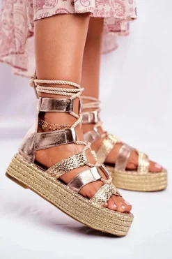 Best Sandałki Damskie Na Platformie Espadrylu Złote Eromica Damskie Sandały Na Obcasie