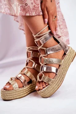 Best Sandałki Damskie Na Platformie Espadrylu Złote Eromica Damskie Sandały Na Obcasie