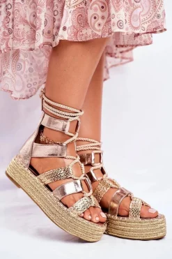 Best Sandałki Damskie Na Platformie Espadrylu Złote Eromica Damskie Sandały Na Obcasie