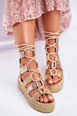 Best Sandałki Damskie Na Platformie Espadrylu Złote Eromica Damskie Sandały Na Obcasie
