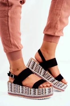 Outlet Sandałki Damskie Na Platformie Czarne Sandy Damskie Sandały Na Koturnie