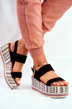 Outlet Sandałki Damskie Na Platformie Czarne Sandy Damskie Sandały Na Koturnie