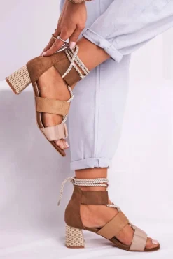 Best Sandałki Damskie Na Słupku Zamszowe Beżowe Beckie Damskie Sandały Na Obcasie