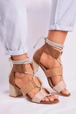 Best Sandałki Damskie Na Słupku Zamszowe Beżowe Beckie Damskie Sandały Na Obcasie