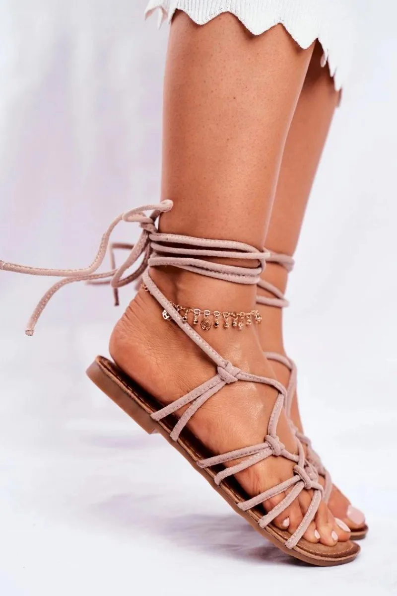 Sandały Płaskie>Boto Sandałki Damskie Wiązane Beżowe Negros