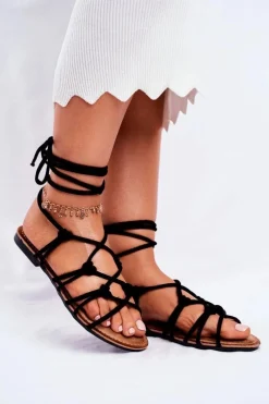 Sale Boto Sandałki Damskie Wiązane Czarne Negros