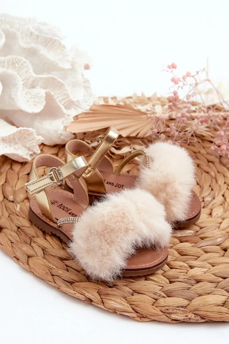 Dziewczęce>Boto Sandałki Dziecięce Na Rzep Z Futerkiem Złote Rosavere Złoty