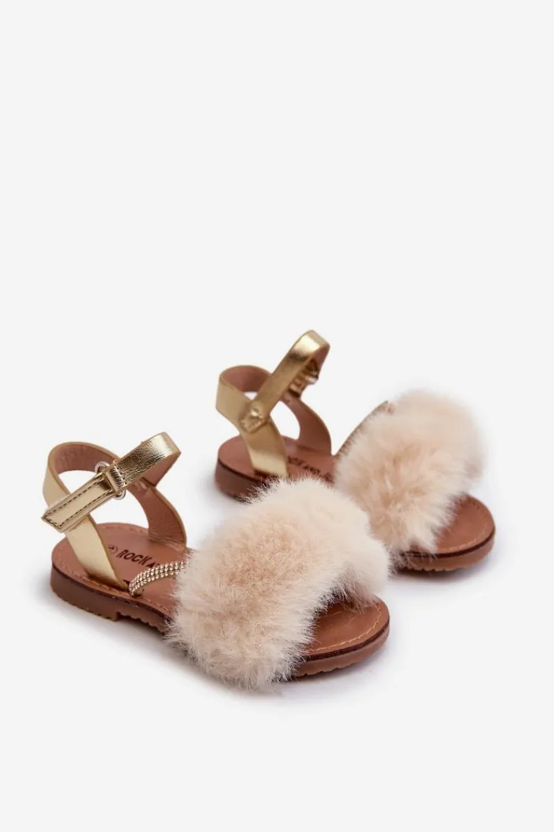 Dziewczęce>Boto Sandałki Dziecięce Na Rzep Z Futerkiem Złote Rosavere Złoty