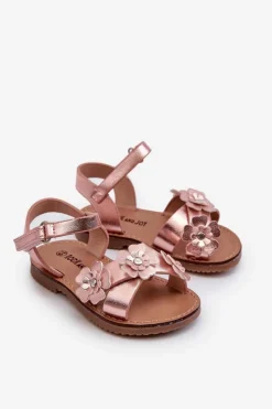Clearance Boto Sandałki Dziecięce Ozdobione Kwiatkami Zapinane Na Rzep Różowe Fagossa Różowy