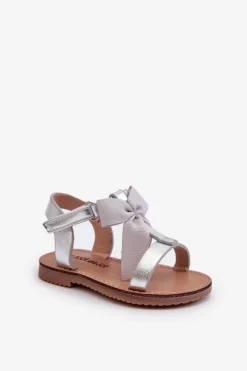 Outlet Sandałki Dziecięce Z Kokardką Na Rzep Srebrne Joratia Dzieci Dziewczęce