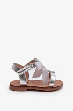 Outlet Sandałki Dziecięce Z Kokardką Na Rzep Srebrne Joratia Dzieci Dziewczęce