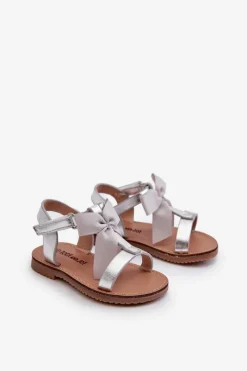 Outlet Sandałki Dziecięce Z Kokardką Na Rzep Srebrne Joratia Dzieci Dziewczęce