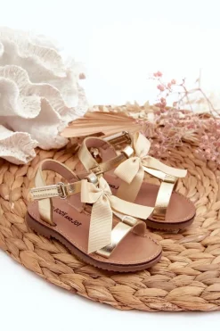 Hot Boto Sandałki Dziecięce Z Kokardką Na Rzep Złote Joratia Złoty