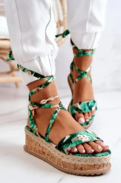 New Boto Sandałki Espadryle Na Koturnie Zielone Kwiaty Roxanne
