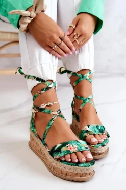 New Boto Sandałki Espadryle Na Koturnie Zielone Kwiaty Roxanne