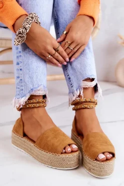 Online Sandałki Espadryle Na Platformie Camel Jeannie Damskie Sandały Na Koturnie|Czarne Espadryle