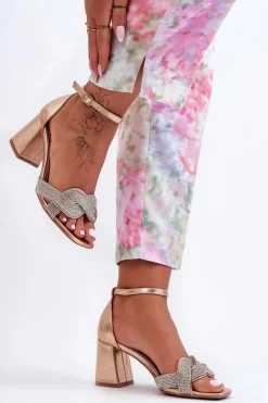 Clearance Boto Sandałki Na Niskim Obcasie Z Dżetami Różowe Złoto Monra