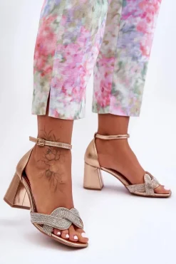 Clearance Boto Sandałki Na Niskim Obcasie Z Dżetami Różowe Złoto Monra