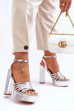 Best Sandałki Na Wysokim Słupku Srebrne Maya Damskie Sandały Na Słupku|Sandały Na Obcasie