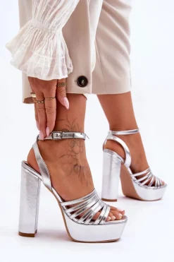 Best Sandałki Na Wysokim Słupku Srebrne Maya Damskie Sandały Na Słupku|Sandały Na Obcasie