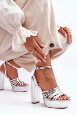 Best Sandałki Na Wysokim Słupku Srebrne Maya Damskie Sandały Na Słupku|Sandały Na Obcasie