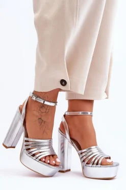 Best Sandałki Na Wysokim Słupku Srebrne Maya Damskie Sandały Na Słupku|Sandały Na Obcasie