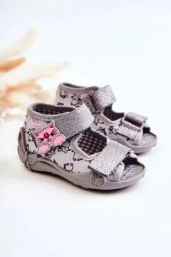 Outlet BEFADO Sandałki Papcie Na Rzep Kotki 242P102 Szare