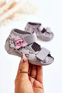 Outlet BEFADO Sandałki Papcie Na Rzep Kotki 242P102 Szare