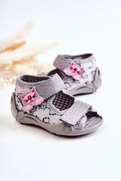 Outlet BEFADO Sandałki Papcie Na Rzep Kotki 242P102 Szare