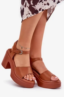 Sandały Na Słupku|Sandały Na Obcasie></noscript>Boto Sandały Damskie Na Masywnym Słupku I Platformie Z Eko Skóry Camel Korlevia Brązowy