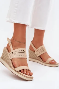 Outlet Sandały Damskie Ażurowe Na Koturnie Z Plecionką Beżowe Zolira Damskie Sandały Na Koturnie