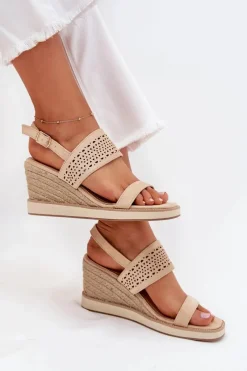 Outlet Sandały Damskie Ażurowe Na Koturnie Z Plecionką Beżowe Zolira Damskie Sandały Na Koturnie