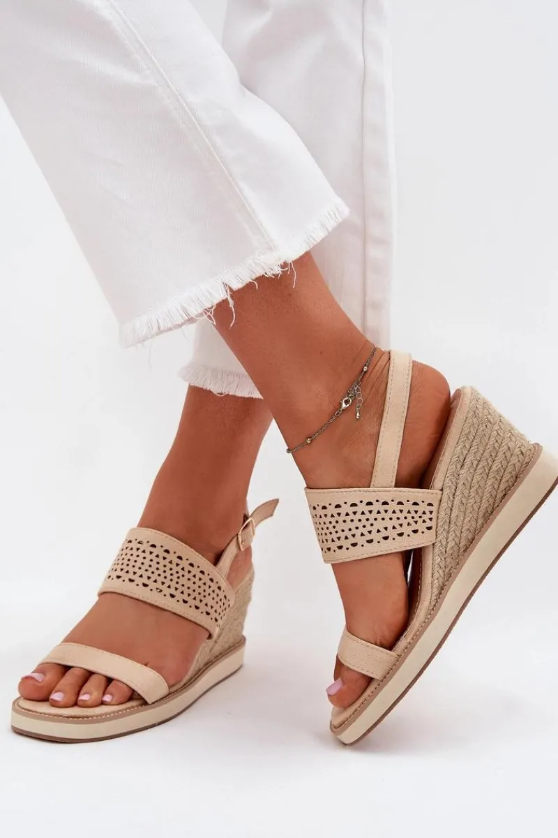 Outlet Sandały Damskie Ażurowe Na Koturnie Z Plecionką Beżowe Zolira Damskie Sandały Na Koturnie