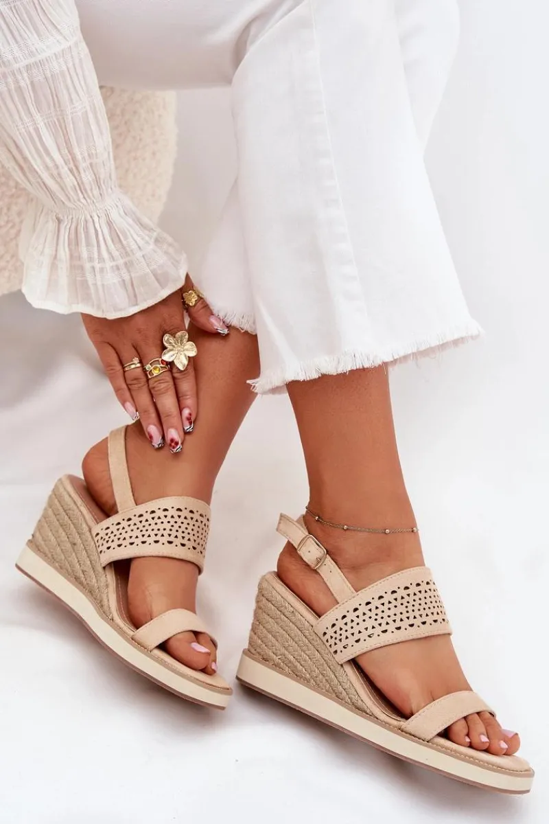 Outlet Sandały Damskie Ażurowe Na Koturnie Z Plecionką Beżowe Zolira Damskie Sandały Na Koturnie