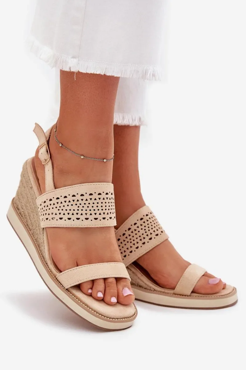 Outlet Sandały Damskie Ażurowe Na Koturnie Z Plecionką Beżowe Zolira Damskie Sandały Na Koturnie