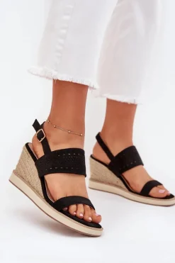 Sandały Na Koturnie>Boto Sandały Damskie Ażurowe Na Koturnie Z Plecionką Czarne Zolira Czarny