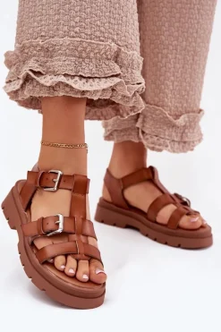 Sandały Damskie Eko Skórzane Z Klamrami Camel Jeneliena Damskie Sandały Płaskie