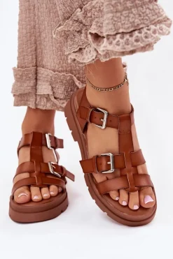 Sandały Damskie Eko Skórzane Z Klamrami Camel Jeneliena Damskie Sandały Płaskie