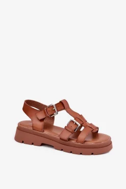 Sandały Damskie Eko Skórzane Z Klamrami Camel Jeneliena Damskie Sandały Płaskie