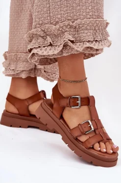 Sandały Damskie Eko Skórzane Z Klamrami Camel Jeneliena Damskie Sandały Płaskie