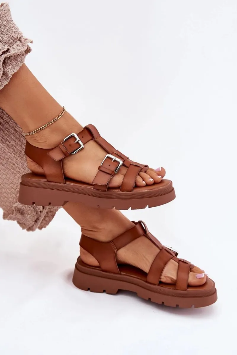 Sandały Damskie Eko Skórzane Z Klamrami Camel Jeneliena Damskie Sandały Płaskie