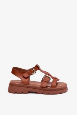 Sandały Damskie Eko Skórzane Z Klamrami Camel Jeneliena Damskie Sandały Płaskie