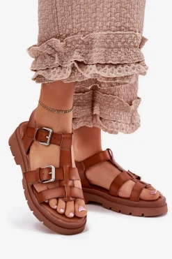 Sandały Damskie Eko Skórzane Z Klamrami Camel Jeneliena Damskie Sandały Płaskie