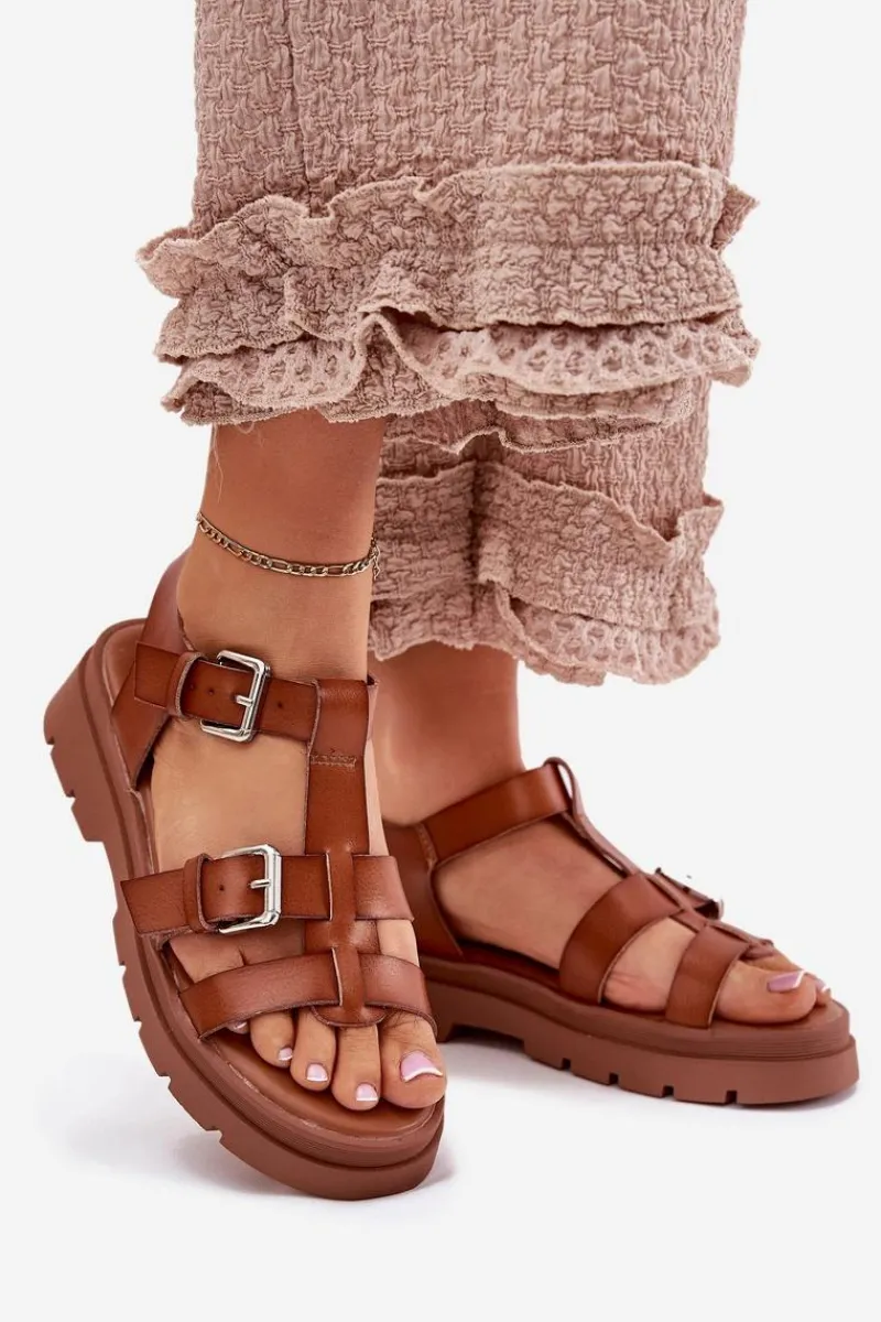 Sandały Damskie Eko Skórzane Z Klamrami Camel Jeneliena Damskie Sandały Płaskie