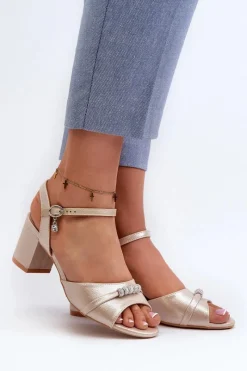 Sandały Na Słupku|Sandały Na Obcasie></noscript>Buty damskie Vinceza Sandały Damskie Eko Skórzane Na Słupku Z Ozdobami Złote Narhi Złoty